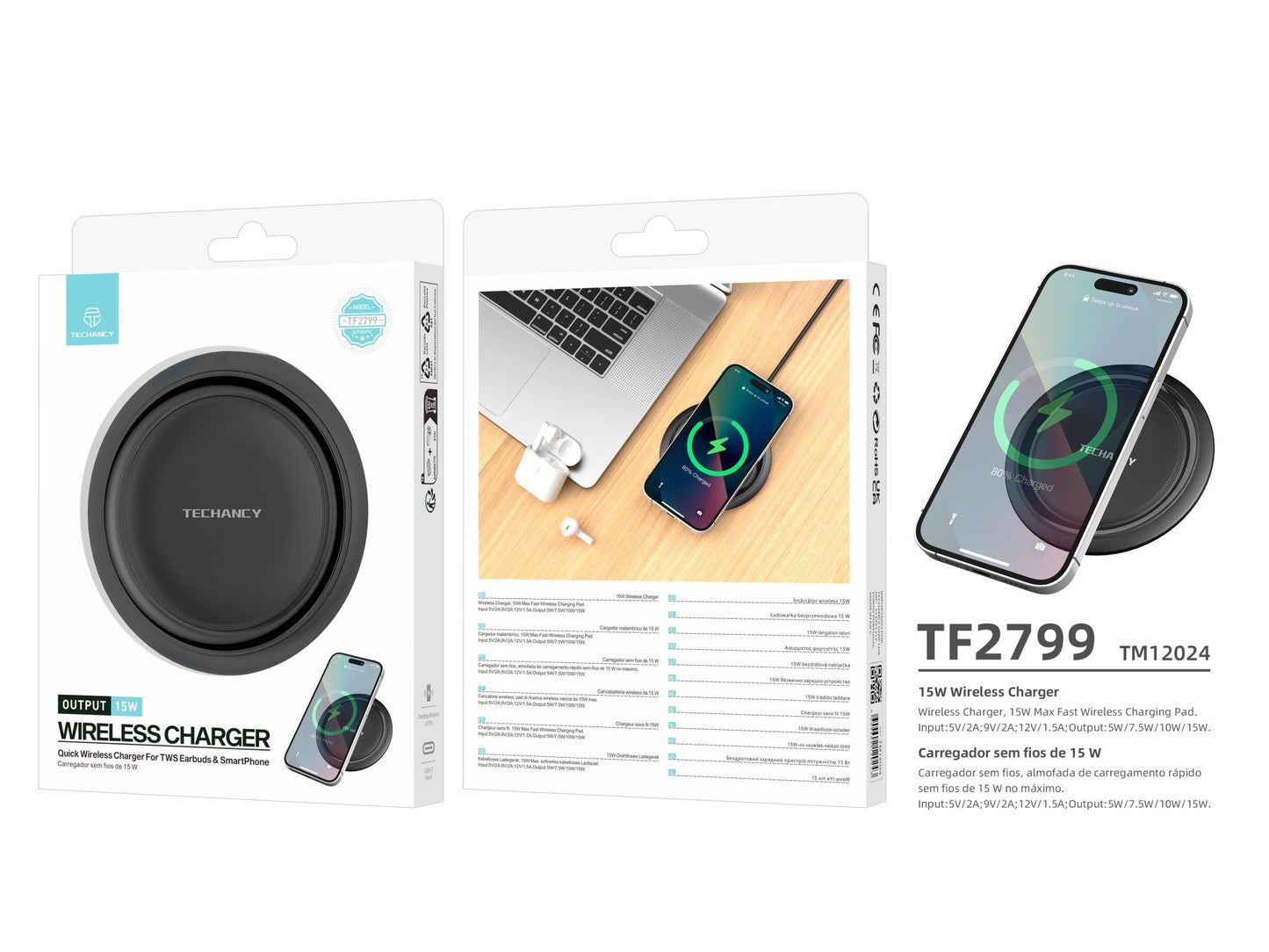 Techancy Carregador sem fio 15W TF2799, compatível com várias marcas de smartphones, carga rápida e segura, leve e portátil