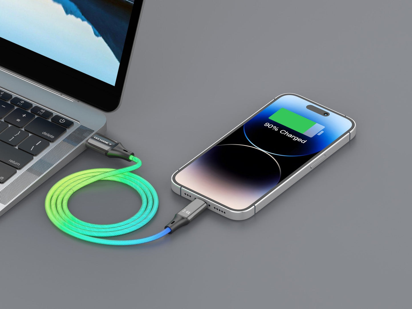Techancy Cabo De Dados De 1m TB1799, Usb-C Para Ip11-14, Efeitos De Iluminação Rgb, Carregamento Rápido De 27w.