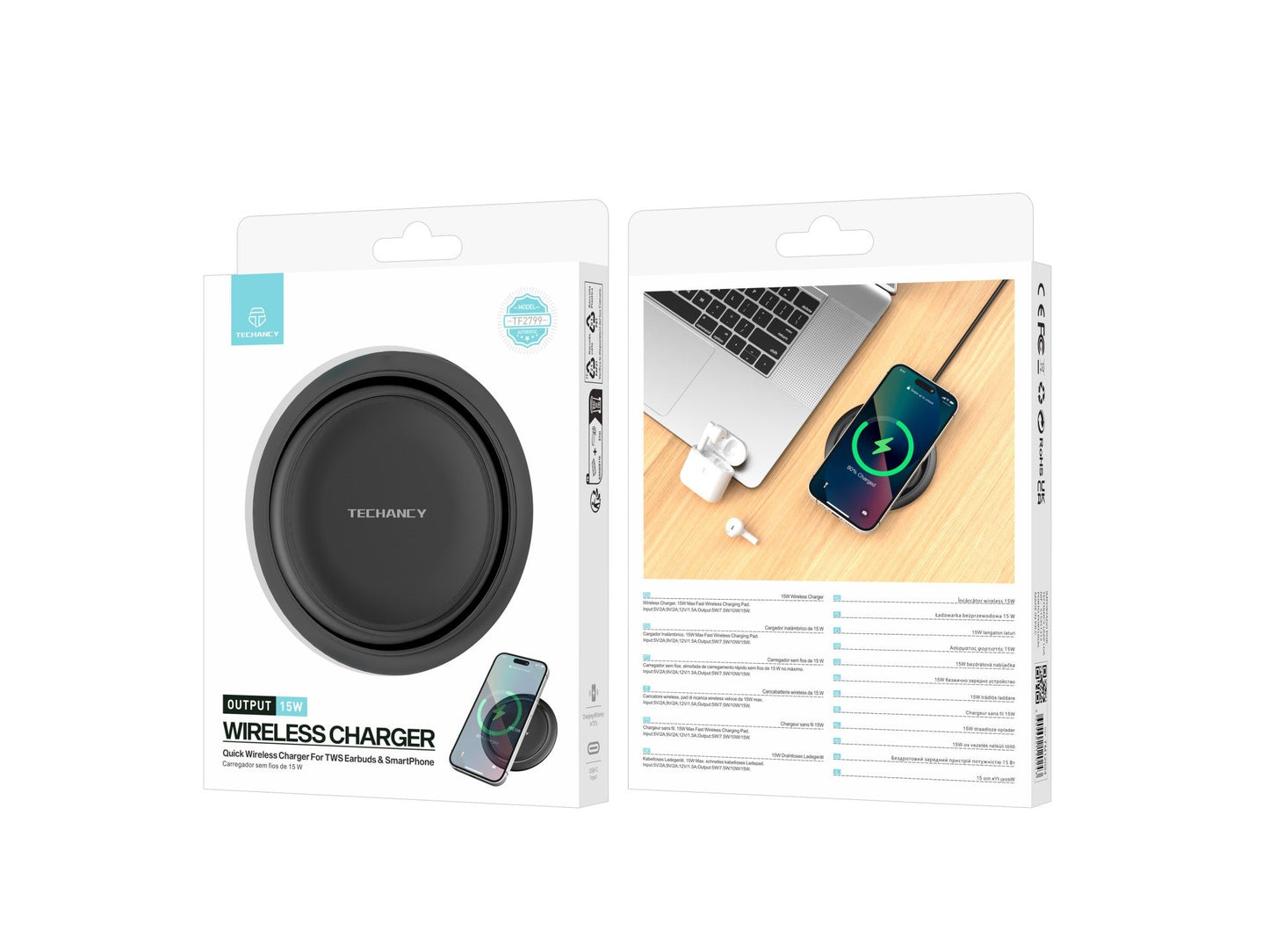 Techancy Carregador sem fio  15W TF2799, compatível com várias marcas de smartphones, carga rápida e segura, leve e portátil