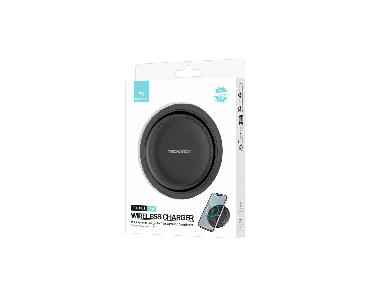 Techancy Carregador sem fio  15W TF2799, compatível com várias marcas de smartphones, carga rápida e segura, leve e portátil