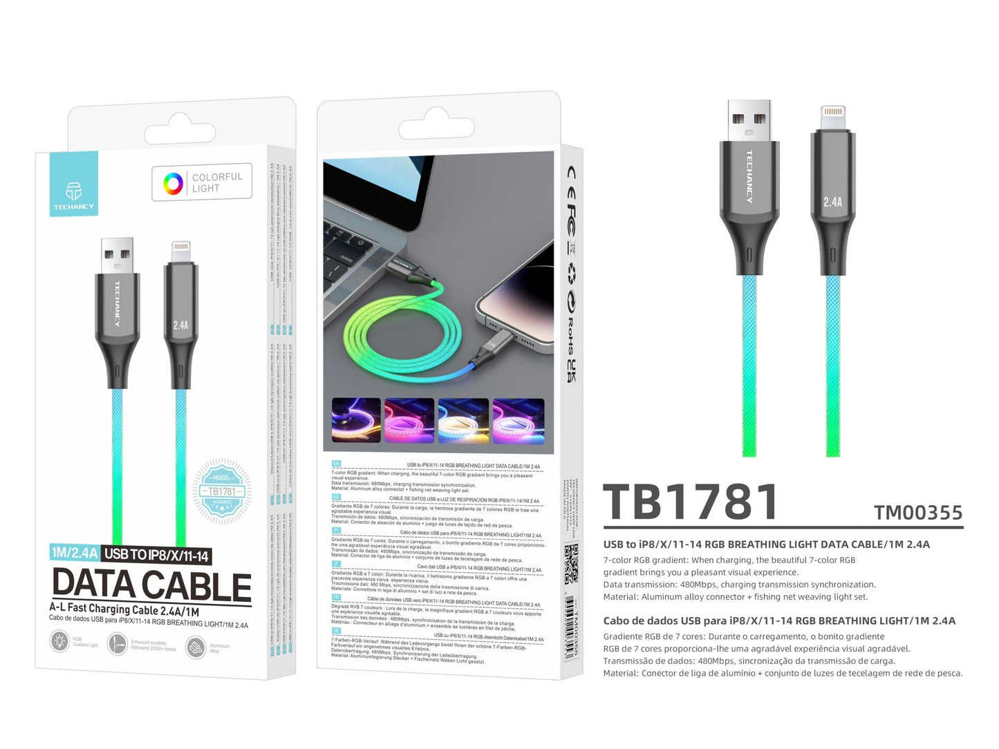 Techancy Cabo De Dados De 1m TB1799, Usb-C Para Ip11-14, Efeitos De Iluminação Rgb, Carregamento Rápido De 27w.