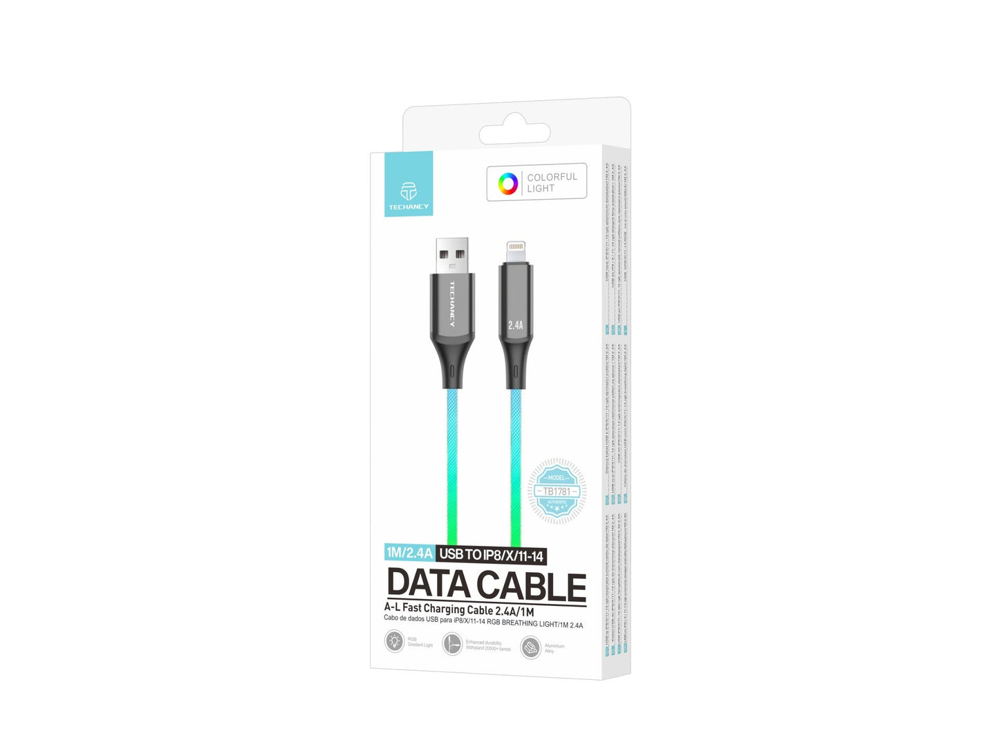 Techancy Cabo De Dados De 1m TB1799, Usb-C Para Ip11-14, Efeitos De Iluminação Rgb, Carregamento Rápido De 27w.