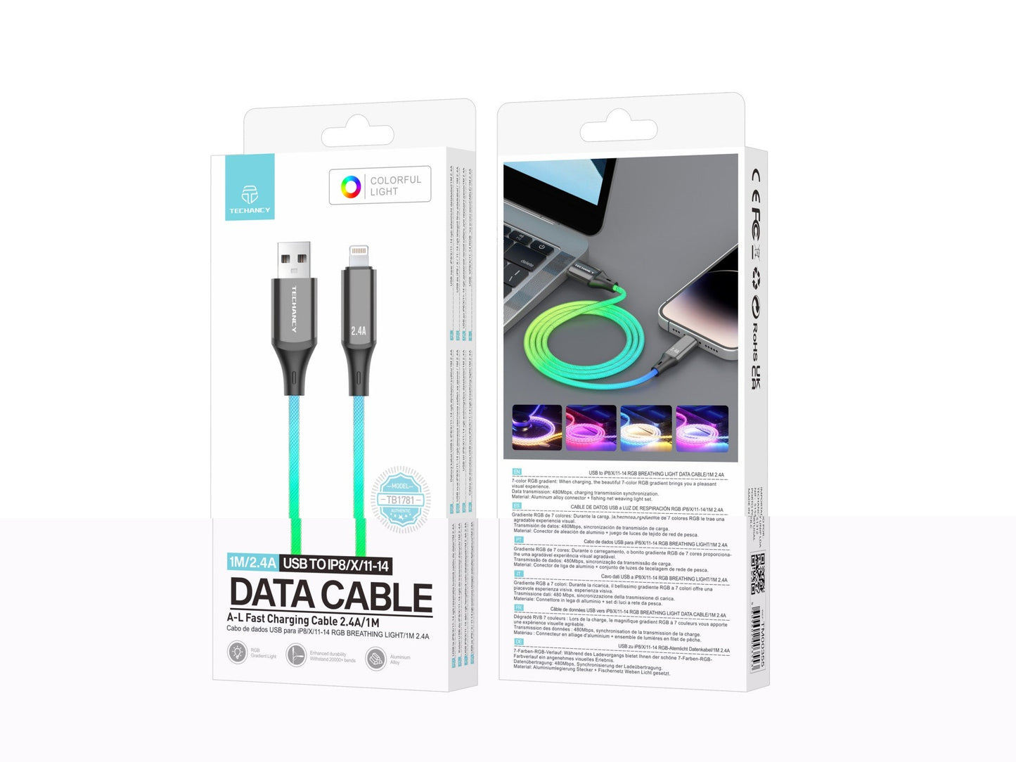 Techancy Cabo De Dados De 1m TB1799, Usb-C Para Ip11-14, Efeitos De Iluminação Rgb, Carregamento Rápido De 27w.